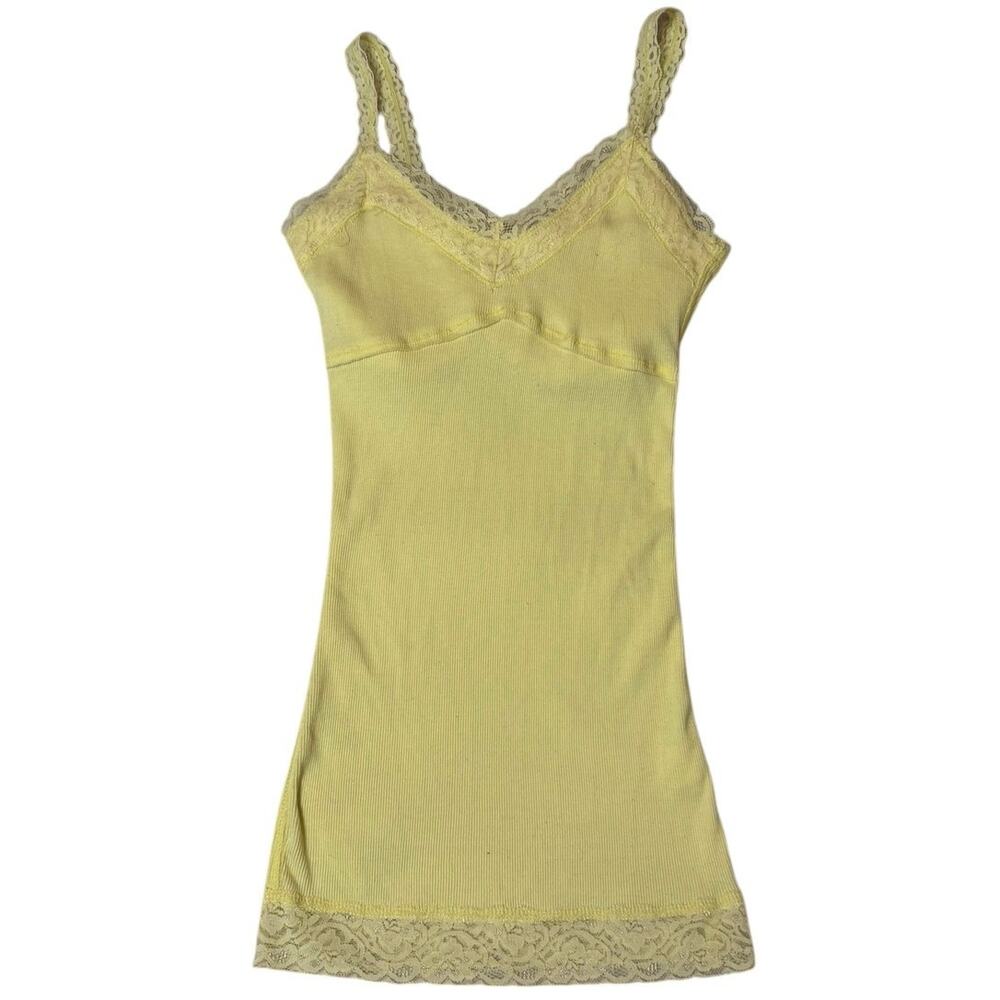 Y2K Papaya Yellow Preppy Lace Trim Fitted Cotton Blend Cami Tank Top Medium